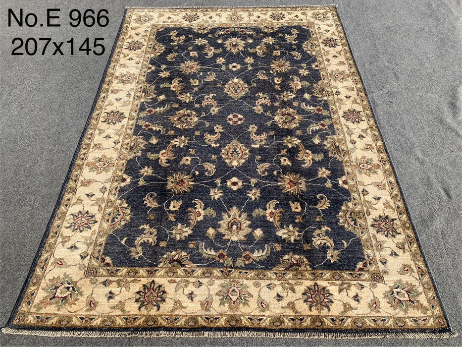 4’7 x 6’7 Hand-Knotted Afghan Chobi Rug – Navy & Beige