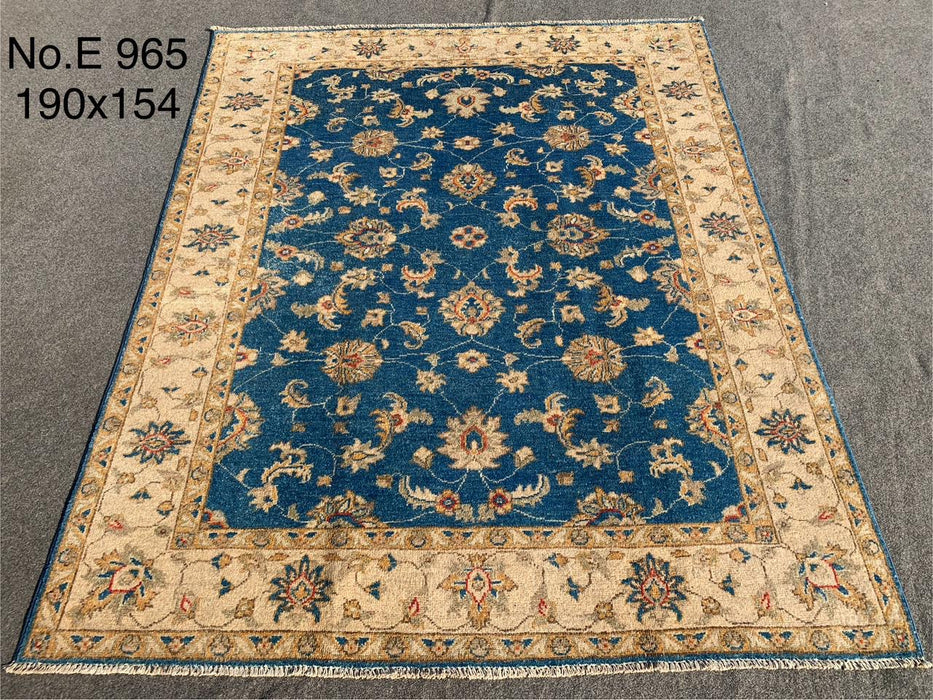 5’0 x 6’2 Hand-Knotted Afghan Chobi Rug – Blue & Ivory