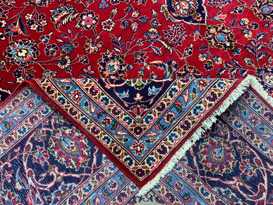 9’6” × 13’11” Hand-Knotted Wool Persian Rug – Red with Navy Border & Central Medallion