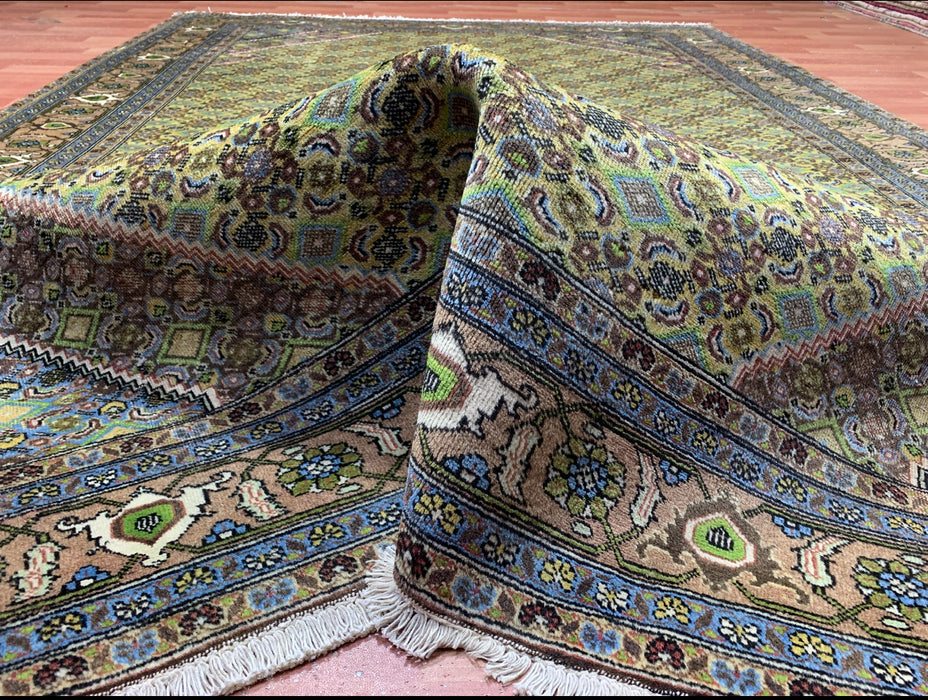 6’6” × 9’4” Hand-Knotted Wool Rug – Olive Green with Blue & Taupe Accents