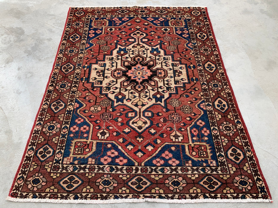 6'3 x 4'9 Hand-Knotted Persian Wool Rug - Mauve & Blue Geometric Medallion Design - KBHM-1001