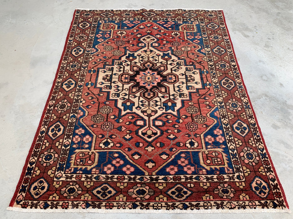 6'3 x 4'9 Hand-Knotted Persian Wool Rug - Mauve & Blue Geometric Medallion Design - KBHM-1001