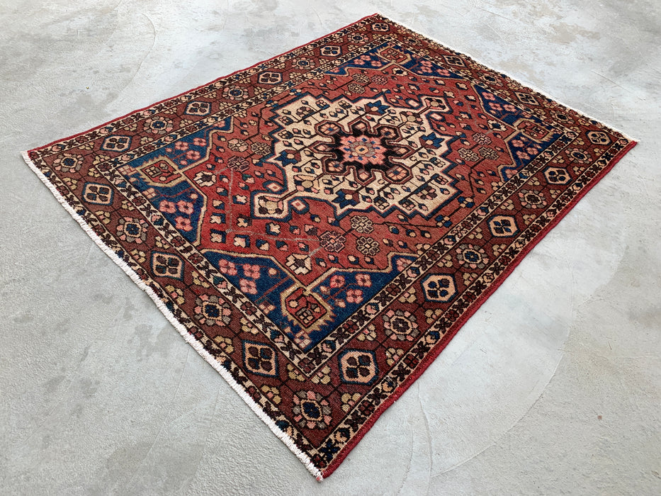 6'3 x 4'9 Hand-Knotted Persian Wool Rug - Mauve & Blue Geometric Medallion Design - KBHM-1001