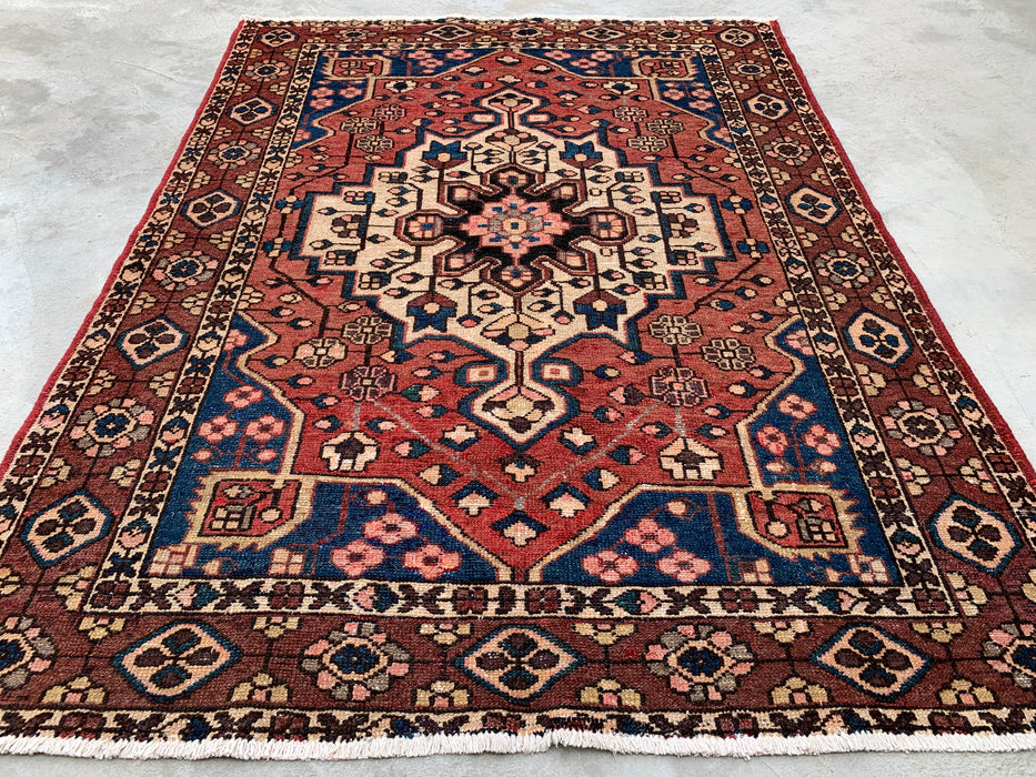 6'3 x 4'9 Hand-Knotted Persian Wool Rug - Mauve & Blue Geometric Medallion Design - KBHM-1001