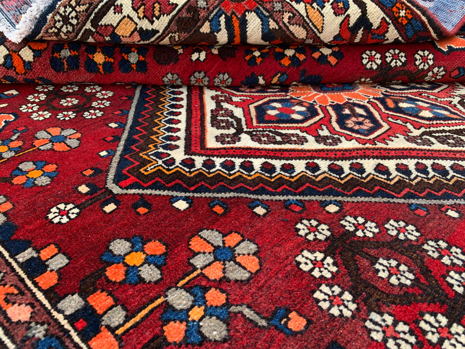 7'6 x 5'3 Hand-Knotted Persian Wool Rug - Red Geometric Medallion Design - KBHM-1007