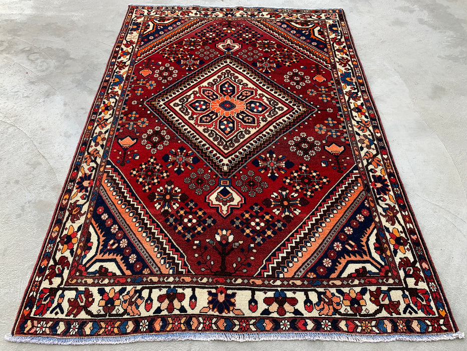 7'6 x 5'3 Hand-Knotted Persian Wool Rug - Red Geometric Medallion Design - KBHM-1007