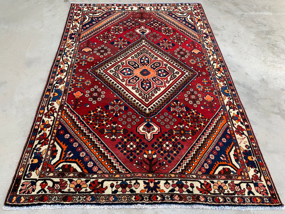 7'6 x 5'3 Hand-Knotted Persian Wool Rug - Red Geometric Medallion Design - KBHM-1007