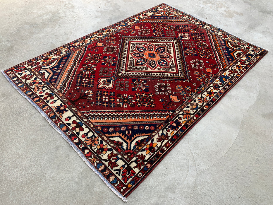 7'6 x 5'3 Hand-Knotted Persian Wool Rug - Red Geometric Medallion Design - KBHM-1007
