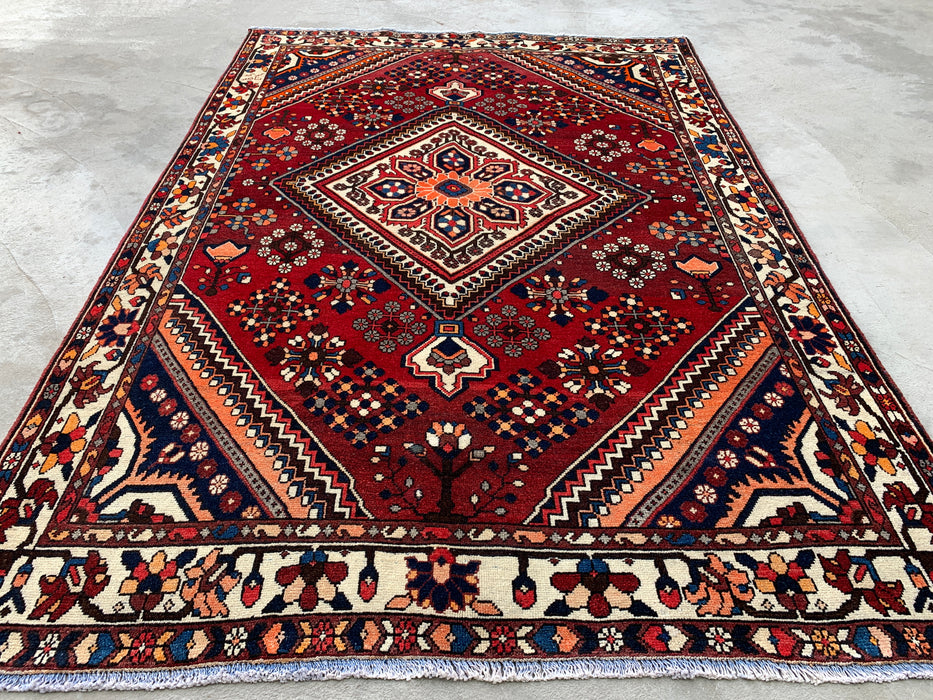 7'6 x 5'3 Hand-Knotted Persian Wool Rug - Red Geometric Medallion Design - KBHM-1007