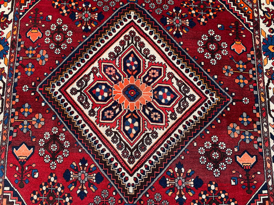 7'6 x 5'3 Hand-Knotted Persian Wool Rug - Red Geometric Medallion Design - KBHM-1007