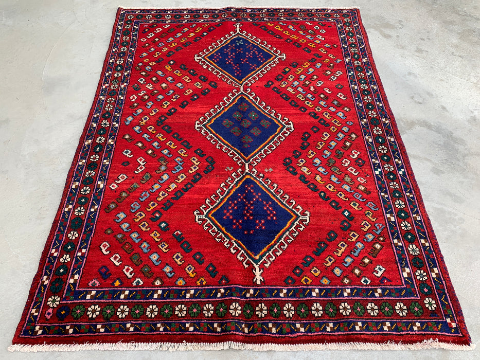 6'4 x 4'9 Hand-Knotted Persian Wool Rug - Red Geometric Tribal Design - KBHM-1009