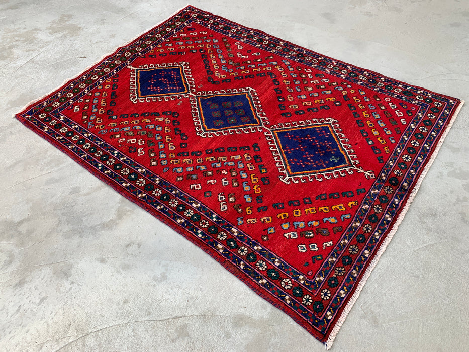 6'4 x 4'9 Hand-Knotted Persian Wool Rug - Red Geometric Tribal Design - KBHM-1009