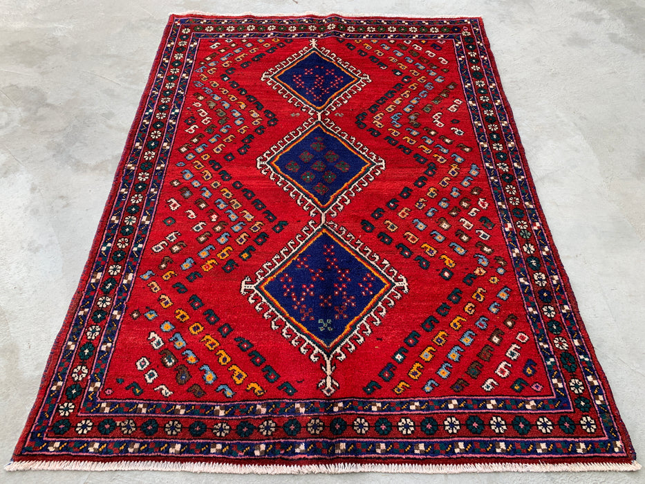 6'4 x 4'9 Hand-Knotted Persian Wool Rug - Red Geometric Tribal Design - KBHM-1009
