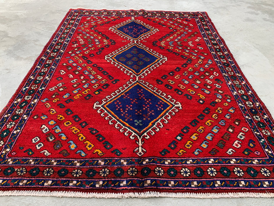 6'4 x 4'9 Hand-Knotted Persian Wool Rug - Red Geometric Tribal Design - KBHM-1009