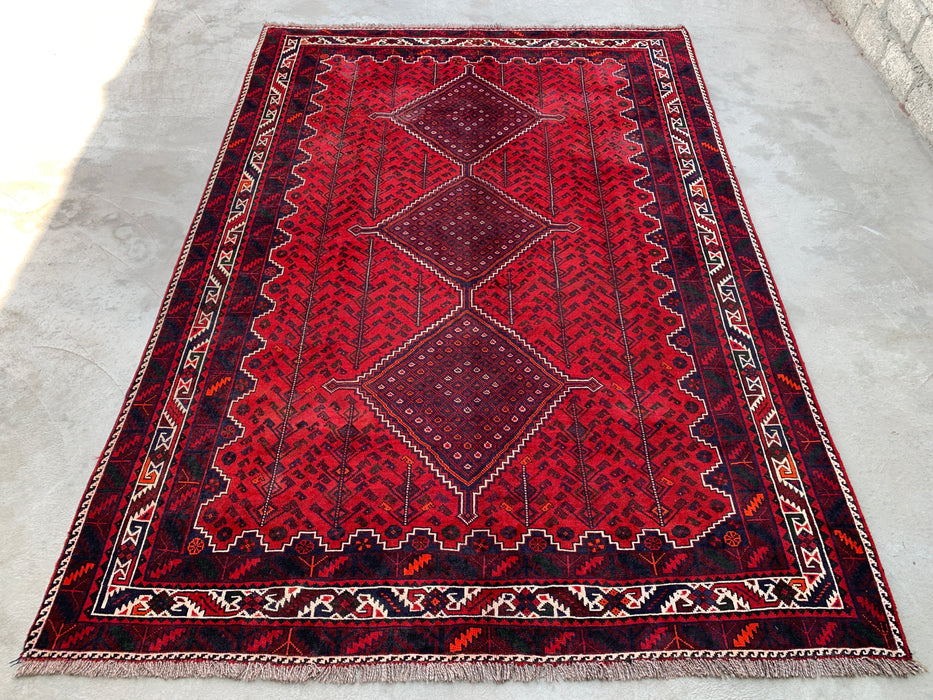 10'4 x 7'2 Hand-Knotted Persian Wool Rug - Red Geometric Tribal Medallion Design - KBHM-1012