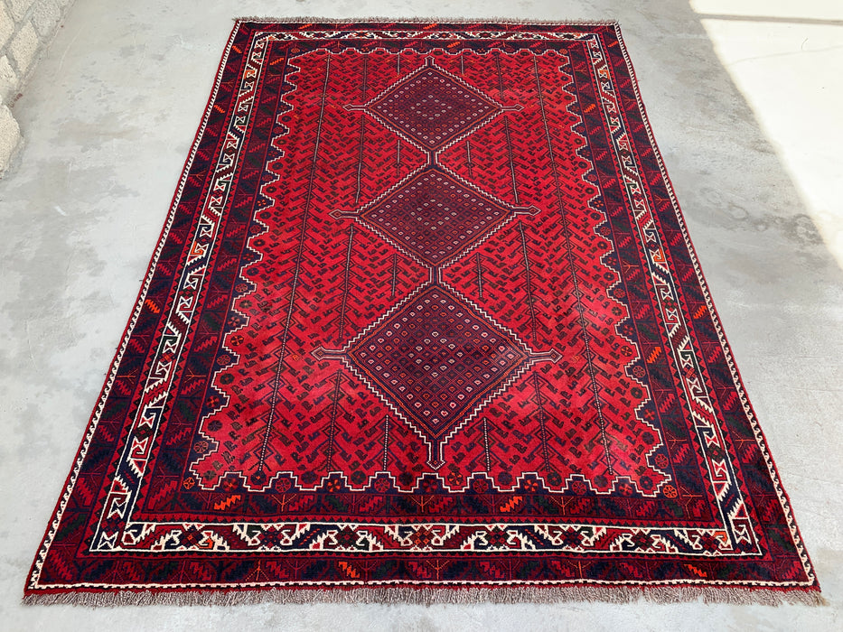 10'4 x 7'2 Hand-Knotted Persian Wool Rug - Red Geometric Tribal Medallion Design - KBHM-1012