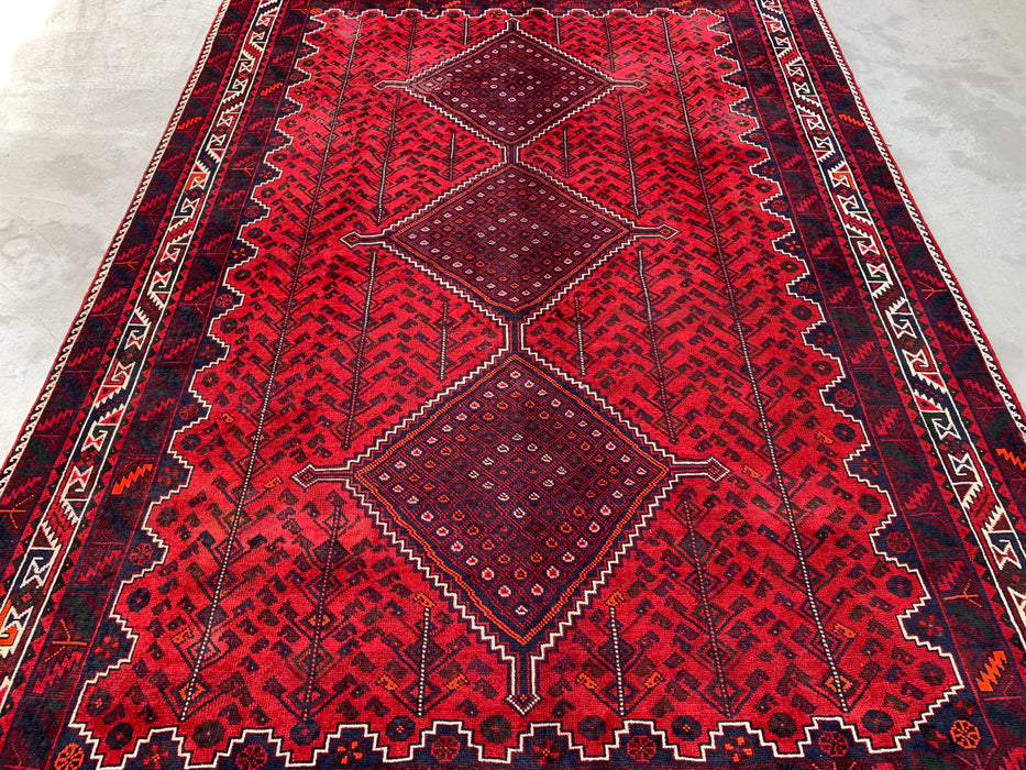 10'4 x 7'2 Hand-Knotted Persian Wool Rug - Red Geometric Tribal Medallion Design - KBHM-1012