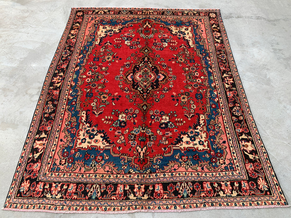 9'3 x 7'2 Hand-Knotted Persian Wool Rug - Red Floral Medallion Design - KBHM-1017