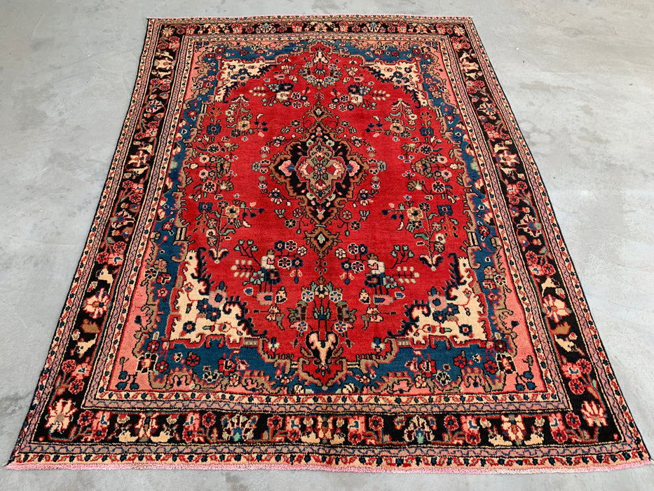 9'3 x 7'2 Hand-Knotted Persian Wool Rug - Red Floral Medallion Design - KBHM-1017