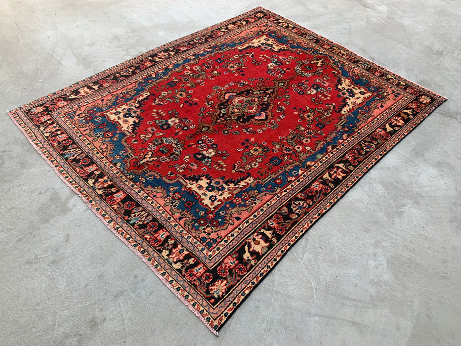 9'3 x 7'2 Hand-Knotted Persian Wool Rug - Red Floral Medallion Design - KBHM-1017