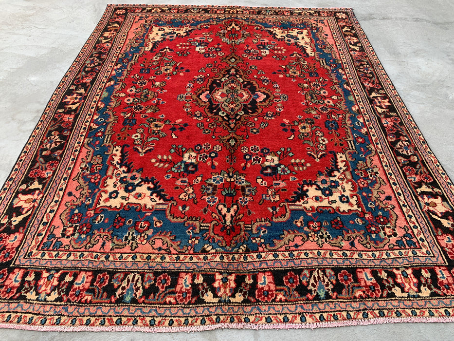 9'3 x 7'2 Hand-Knotted Persian Wool Rug - Red Floral Medallion Design - KBHM-1017