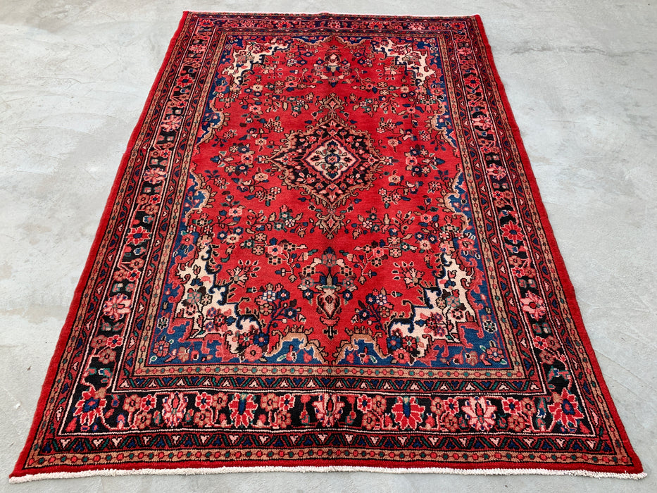 Handmade Persian Wool Area Rug 7x10 - Red & Navy Floral Medallion Persian Style Rug - Exact Size 9'11" x 6'11" - KBHM-1024