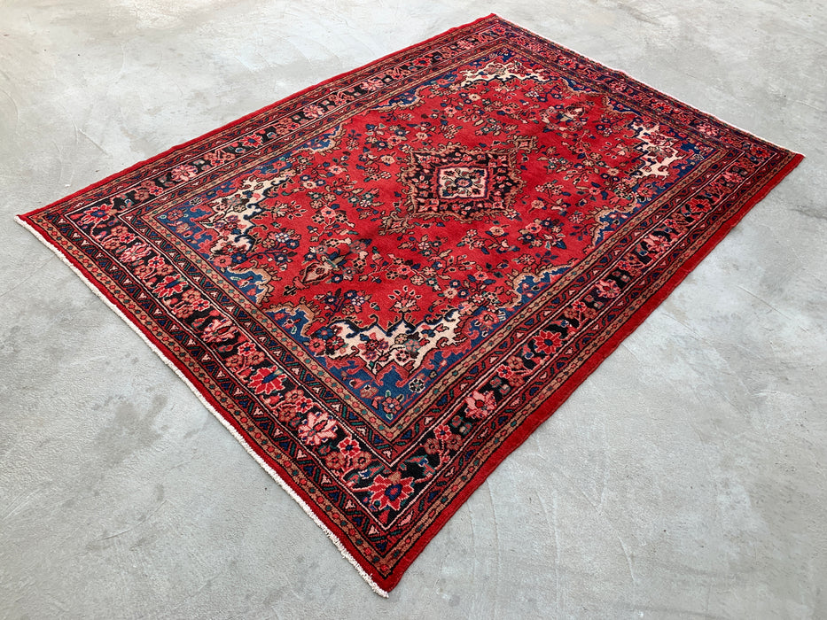 Handmade Persian Wool Area Rug 7x10 - Red & Navy Floral Medallion Persian Style Rug - Exact Size 9'11" x 6'11" - KBHM-1024