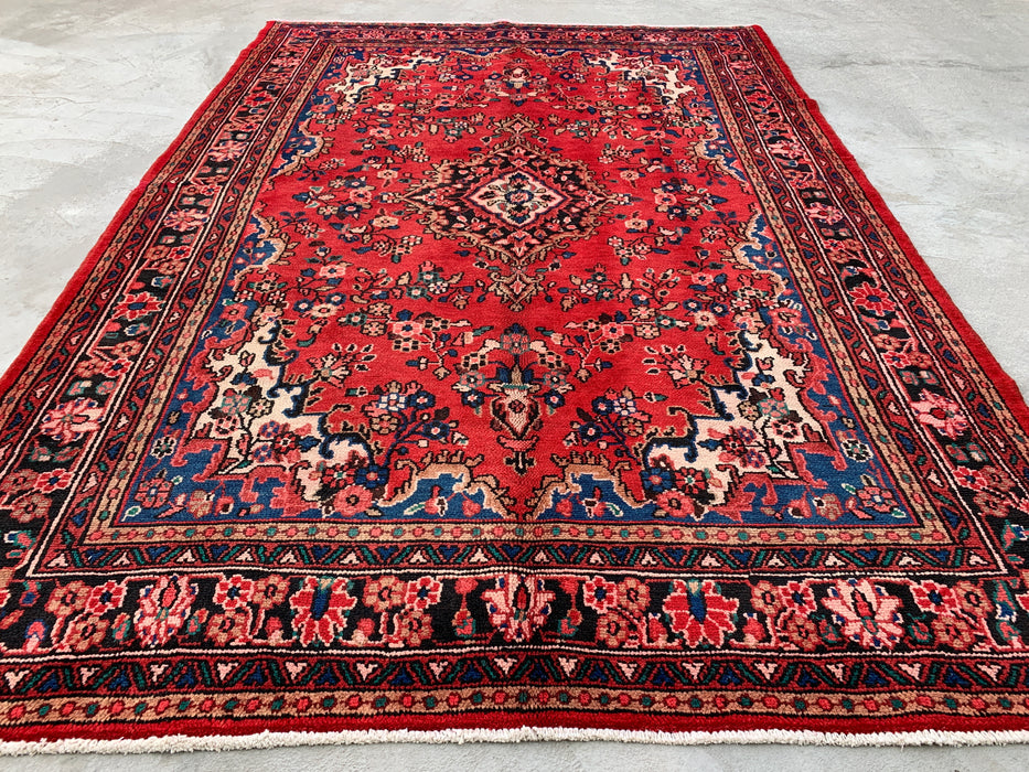 Handmade Persian Wool Area Rug 7x10 - Red & Navy Floral Medallion Persian Style Rug - Exact Size 9'11" x 6'11" - KBHM-1024