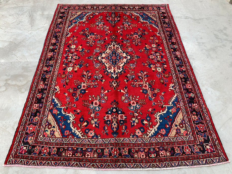 Handmade Persian  Wool Area Rug 7x10 - Red, Navy & Ivory Traditional Medallion Persian Style Rug - Exact Size 9'11" x 7'1" - KBHM-1025