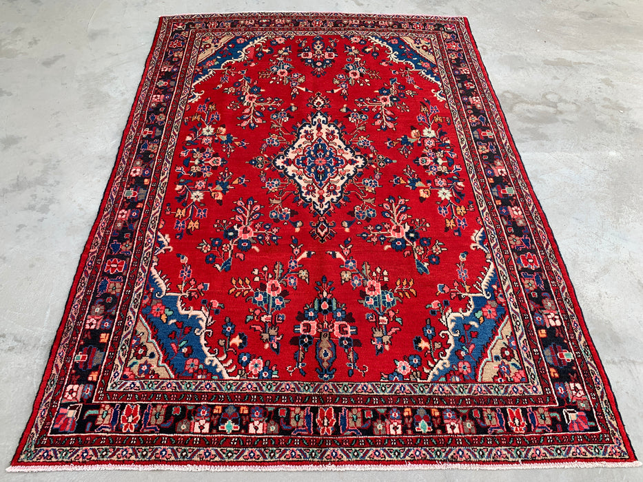 Handmade Persian  Wool Area Rug 7x10 - Red, Navy & Ivory Traditional Medallion Persian Style Rug - Exact Size 9'11" x 7'1" - KBHM-1025