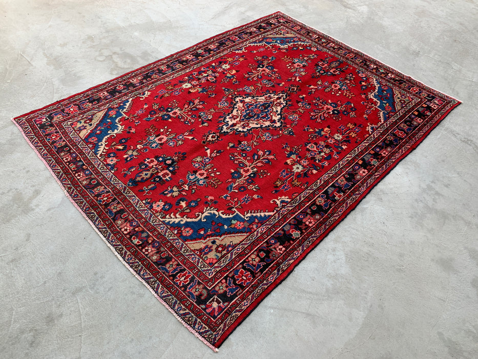 Handmade Persian  Wool Area Rug 7x10 - Red, Navy & Ivory Traditional Medallion Persian Style Rug - Exact Size 9'11" x 7'1" - KBHM-1025
