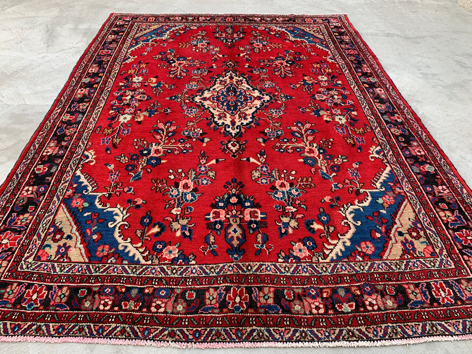 Handmade Persian  Wool Area Rug 7x10 - Red, Navy & Ivory Traditional Medallion Persian Style Rug - Exact Size 9'11" x 7'1" - KBHM-1025