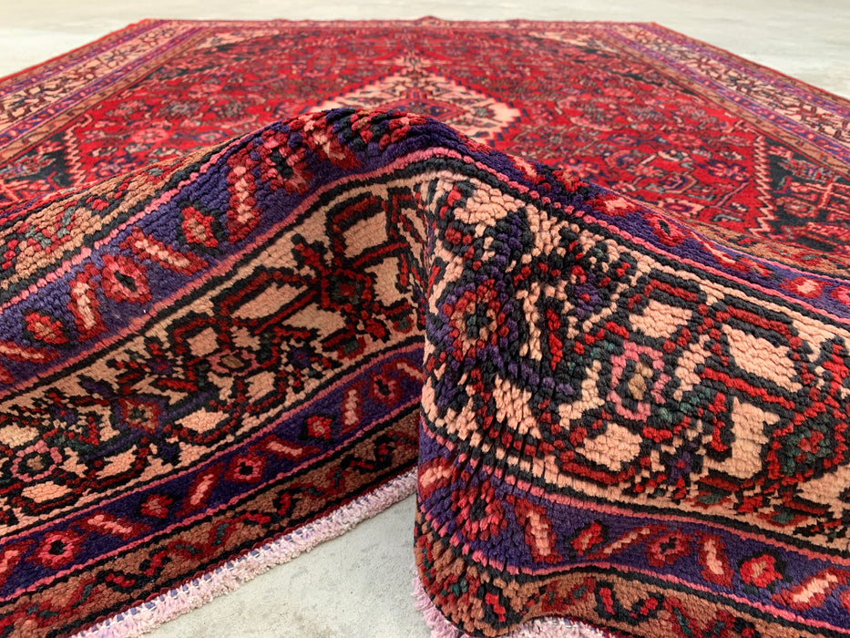 Handmade Persian Wool Area Rug 7x10 - Red, Navy & Ivory Traditional Geometric Medallion Persian Style Rug - Exact Size 10'2" x 6'11" - KBHM-1026