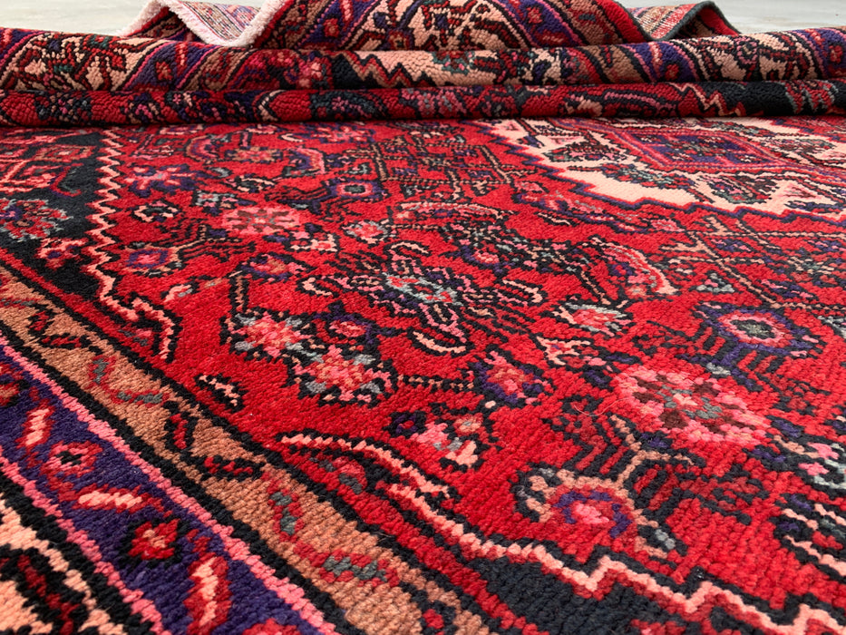Handmade Persian Wool Area Rug 7x10 - Red, Navy & Ivory Traditional Geometric Medallion Persian Style Rug - Exact Size 10'2" x 6'11" - KBHM-1026