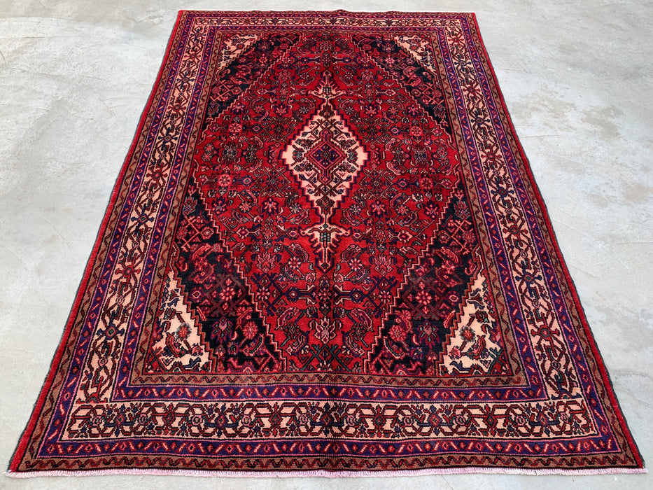 Handmade Persian Wool Area Rug 7x10 - Red, Navy & Ivory Traditional Geometric Medallion Persian Style Rug - Exact Size 10'2" x 6'11" - KBHM-1026