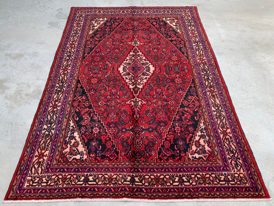 Handmade Persian Wool Area Rug 7x10 - Red, Navy & Ivory Traditional Geometric Medallion Persian Style Rug - Exact Size 10'2" x 6'11" - KBHM-1026