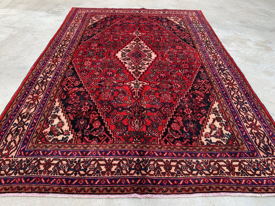 Handmade Persian Wool Area Rug 7x10 - Red, Navy & Ivory Traditional Geometric Medallion Persian Style Rug - Exact Size 10'2" x 6'11" - KBHM-1026
