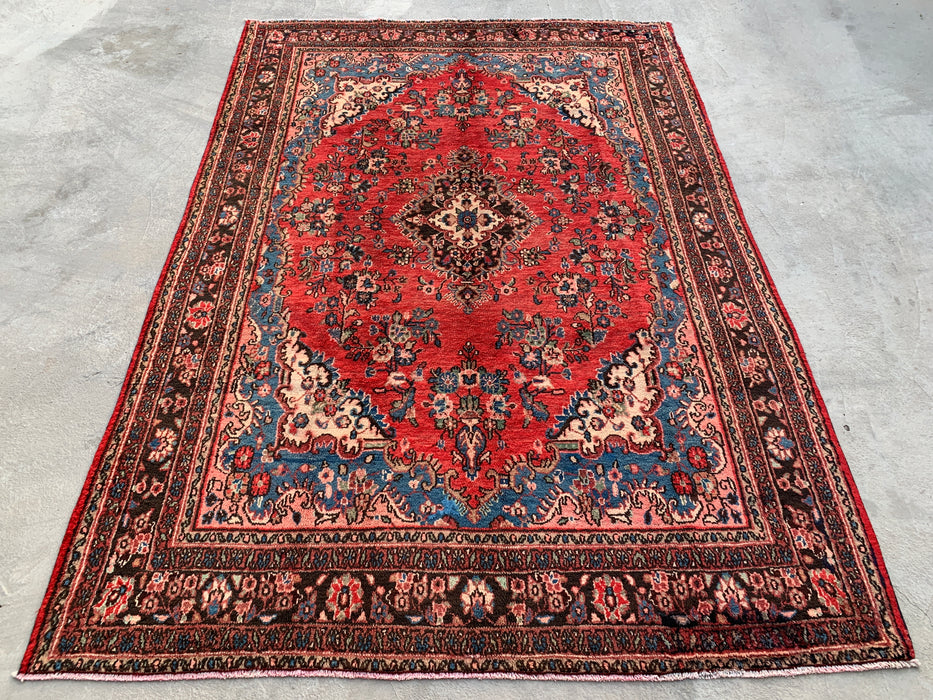 Handmade Persian Wool Area Rug 7x10 - Red, Blue & Ivory Traditional Medallion Persian Style Rug - Exact Size 10'3" x 7'0" - KBHM-1027