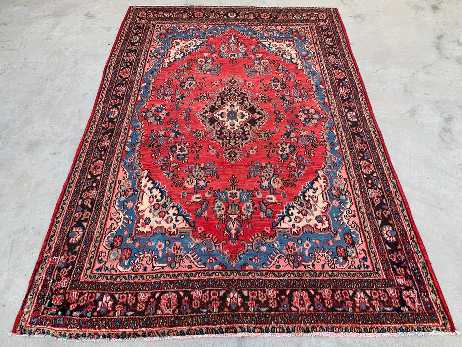 Handmade Persian Wool Area Rug 7x10 - Red, Blue & Ivory Traditional Medallion Persian Style Rug - Exact Size 10'3" x 7'0" - KBHM-1027
