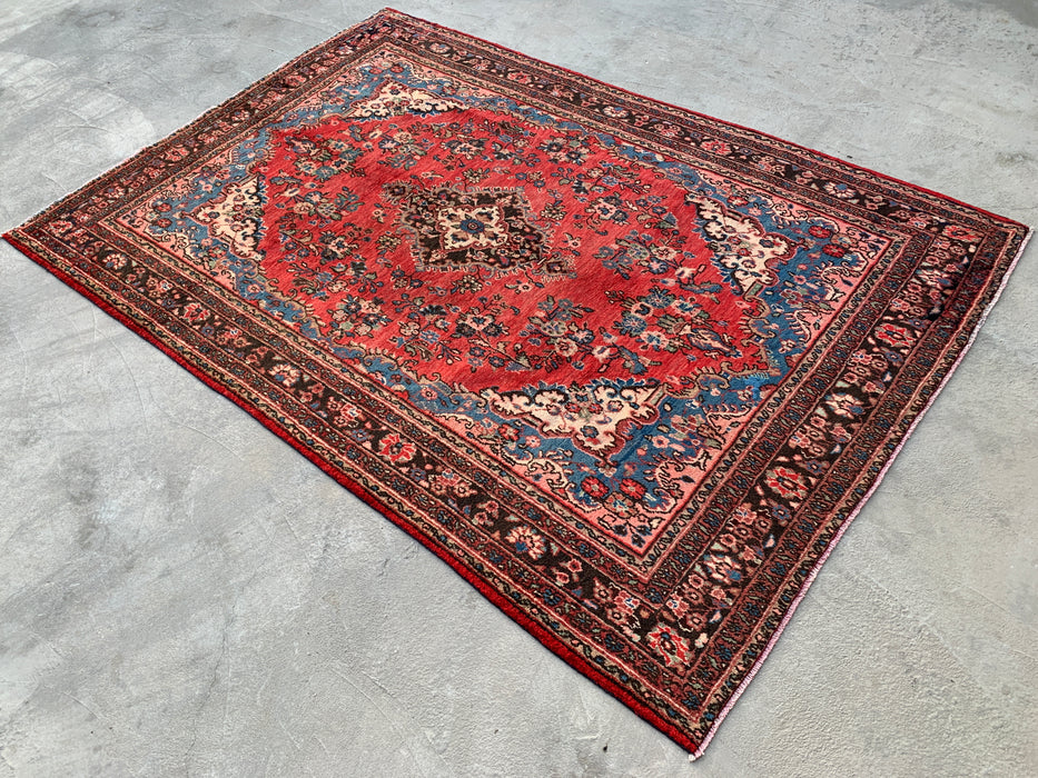 Handmade Persian Wool Area Rug 7x10 - Red, Blue & Ivory Traditional Medallion Persian Style Rug - Exact Size 10'3" x 7'0" - KBHM-1027