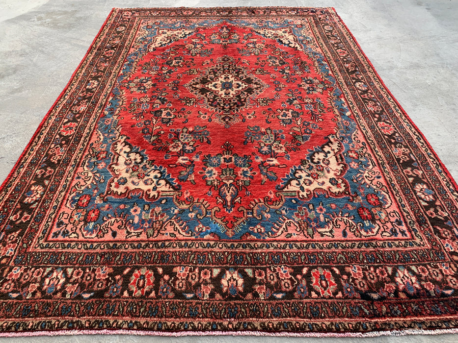 Handmade Persian Wool Area Rug 7x10 - Red, Blue & Ivory Traditional Medallion Persian Style Rug - Exact Size 10'3" x 7'0" - KBHM-1027