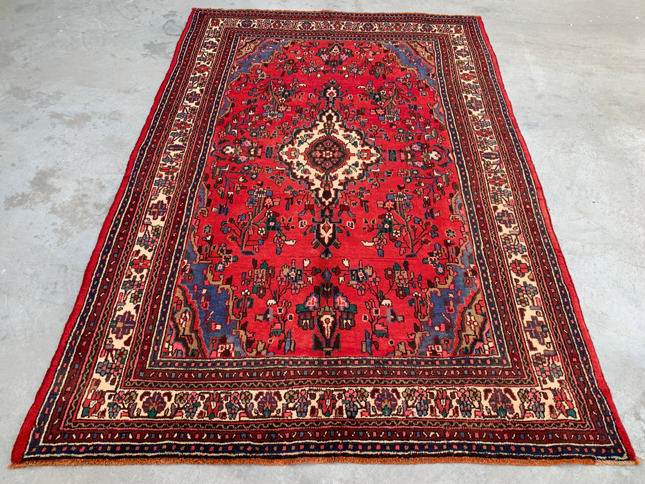 Handmade Persian Wool Area Rug 7x10 - Red, Blue & Ivory Traditional Medallion Persian Style Rug - Exact Size 10'2" x 7'3" - KBHM-1028