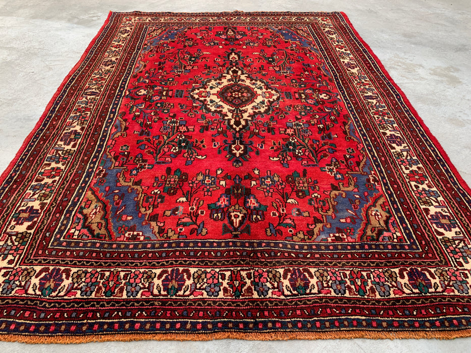 Handmade Persian Wool Area Rug 7x10 - Red, Blue & Ivory Traditional Medallion Persian Style Rug - Exact Size 10'2" x 7'3" - KBHM-1028