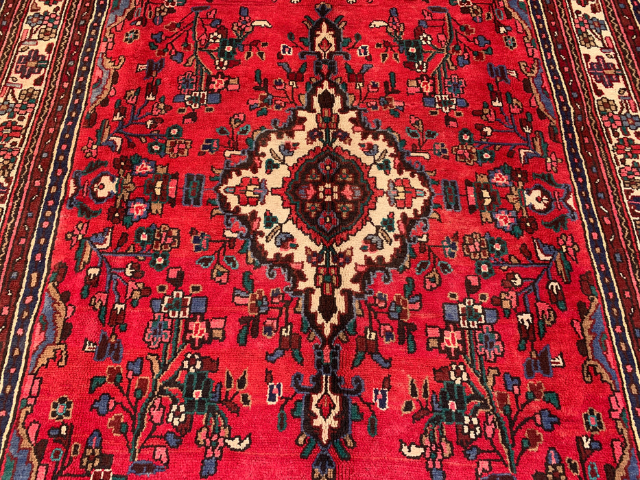 Handmade Persian Wool Area Rug 7x10 - Red, Blue & Ivory Traditional Medallion Persian Style Rug - Exact Size 10'2" x 7'3" - KBHM-1028