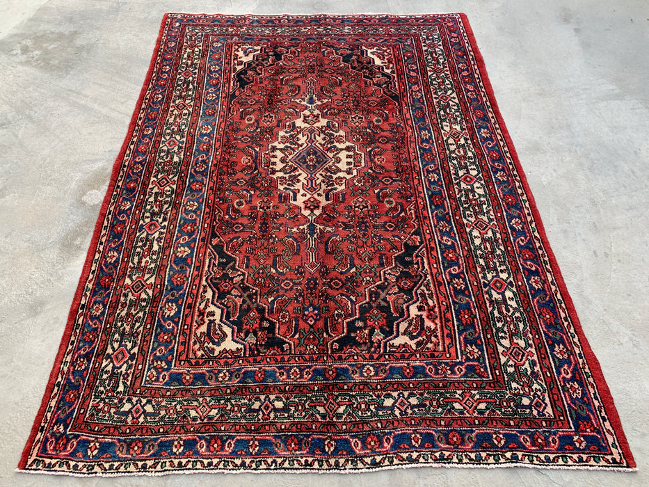 9'10 x 6'11 Hand-Knotted Persian Wool Rug in Red, Blue & Ivory Traditional Geometric Medallion Design | KBHM-1029