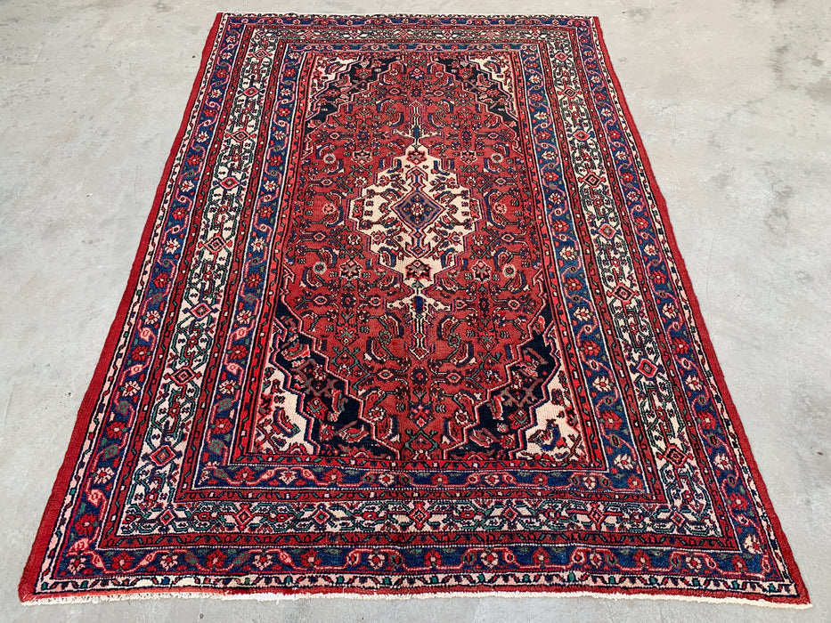 9'10 x 6'11 Hand-Knotted Persian Wool Rug in Red, Blue & Ivory Traditional Geometric Medallion Design | KBHM-1029