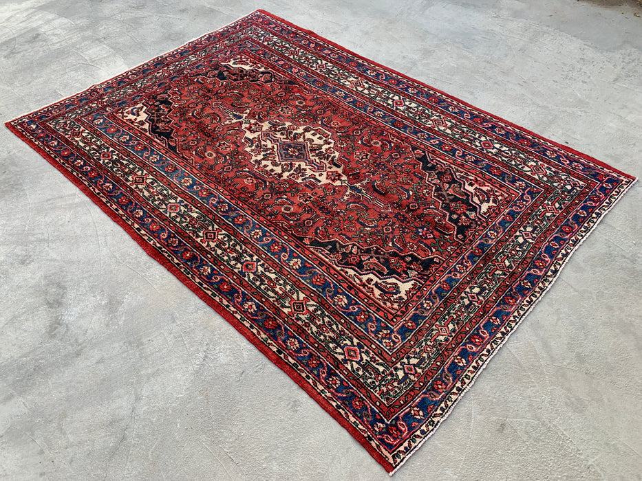 9'10 x 6'11 Hand-Knotted Persian Wool Rug in Red, Blue & Ivory Traditional Geometric Medallion Design | KBHM-1029