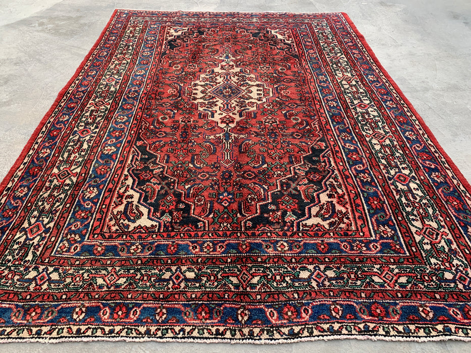 9'10 x 6'11 Hand-Knotted Persian Wool Rug in Red, Blue & Ivory Traditional Geometric Medallion Design | KBHM-1029
