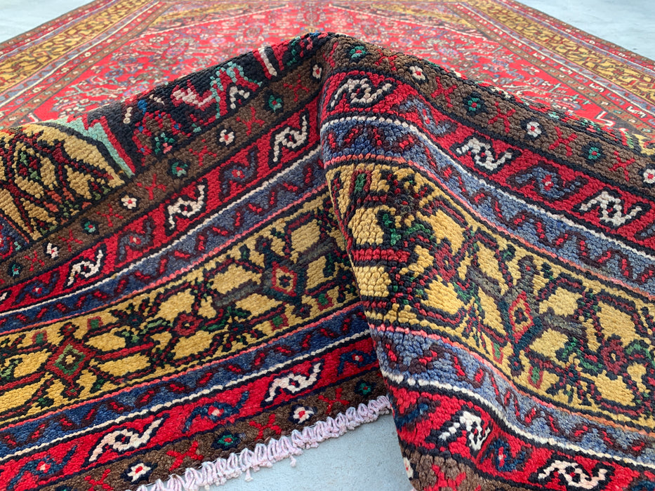9'10 x 6'9 Hand-Knotted Persian Wool Rug in Red, Navy & Gold Traditional Geometric Medallion Design | KBHM-1030
