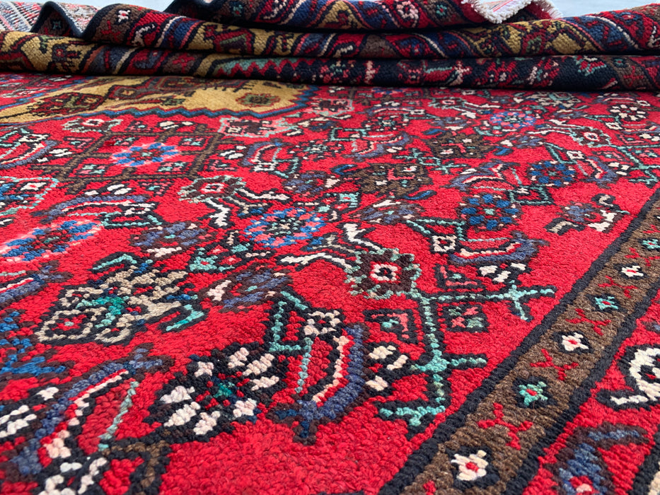 9'10 x 6'9 Hand-Knotted Persian Wool Rug in Red, Navy & Gold Traditional Geometric Medallion Design | KBHM-1030